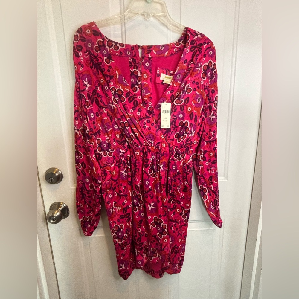Anthropologie Maeve Vibrant Pink Wrap Mini Floral Long Sleeve Dress NWT Medium P - Picture 5 of 8